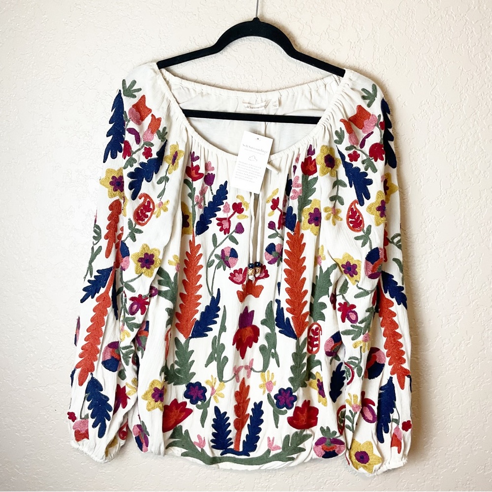 NWT Soft Surroundings white floral embroidered long sleeve drawstring neck shirt